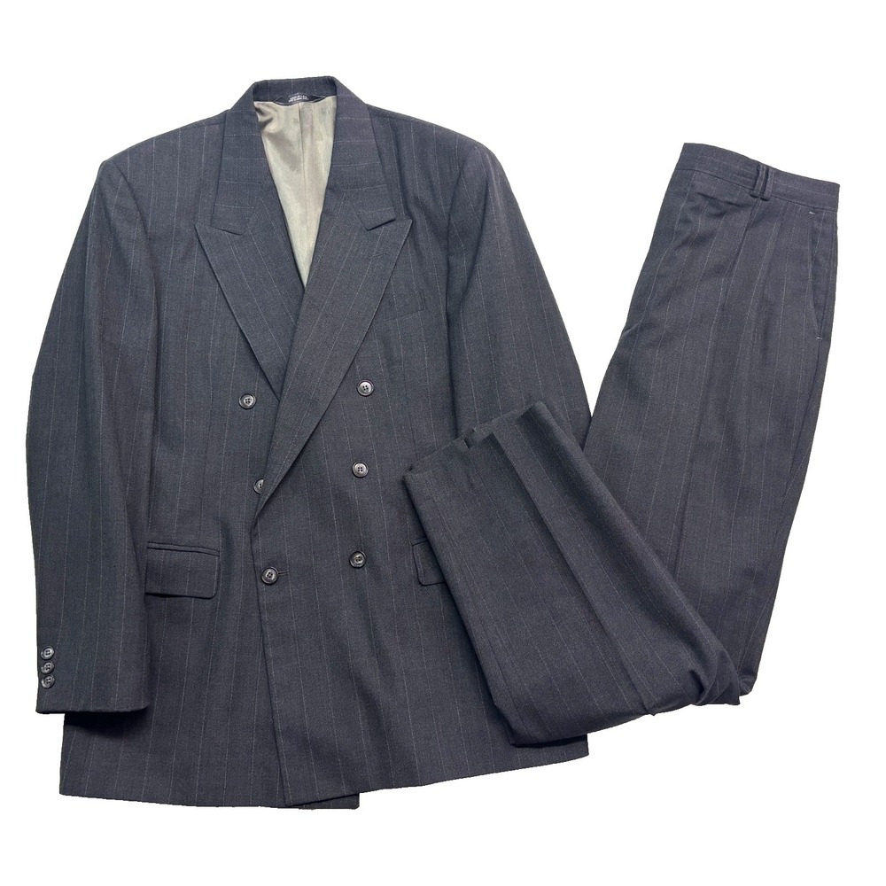 vtg 90s Charcoal Pinstripe 42L 35x32 Double Breasted 2pc Pant Suit USA Pleated